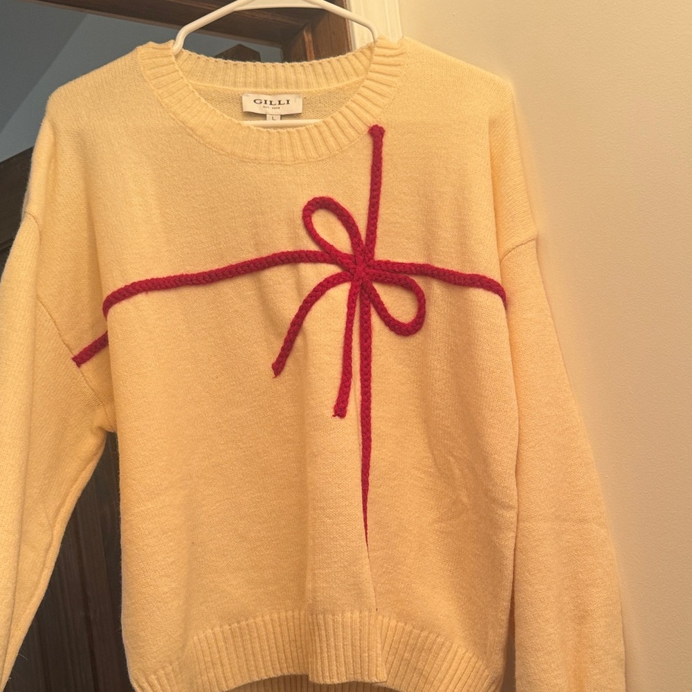 Gilli Beige Sweater with Red Bow Detail